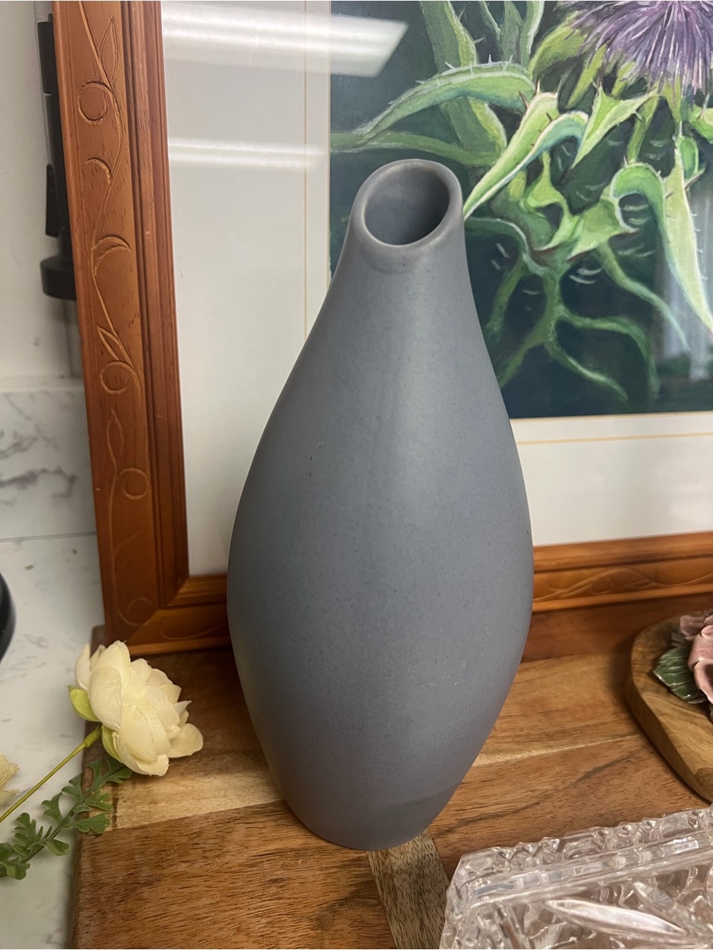 Zodiac Gray Matte Ceramic 8.5” Teardrop Asymmetric Modernist Vase 
Stamped  4908